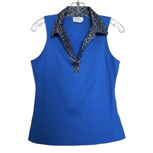 Tracey Lynn Golf Tank Top Womens Size Small Leopard Collar Blue